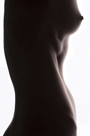 Cropped part of silhouette portrait of a nude girl in the studio on a white background. The girl has a great sports figure.の写真素材