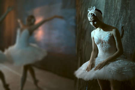Prima ballerina standing backstage before going on stage for a solo program on the stage in a performance of Swan Lake, view the profile. Repetition.の写真素材