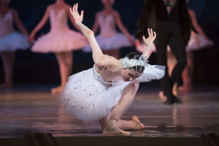 Prima ballerina white swan on stage bow and curtsey to the audience against other dancers. Ballet Swan Lake, the Opera House in Kiev, Ukraine.の写真素材