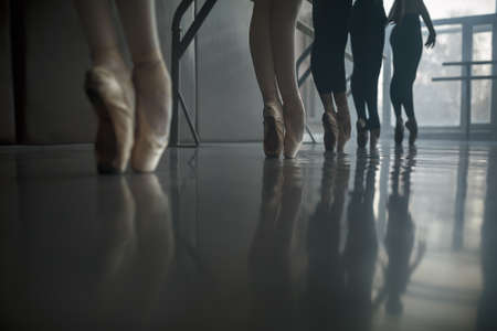 Group of ballet dancers stands near the ballet barre at the ballet hall against the big window. Daylight falls on them. Shoot from a low angle.の写真素材