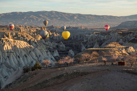 Multi-colored air balloons are flying above the mountains in the valley. Under them also there are several blooming trees. Balloons colored in red, white, yellow, gray, brown. On the background there is a blue sky with clouds and a town. View from the sidの写真素材