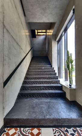 Black stair with black handrail in a restaurant. On the sides there are concrete walls. On the right there is a window and a big cactus. In front of the stair there are figured tiles on the floor. At the end there is a niche with the pots. Vertical.の写真素材