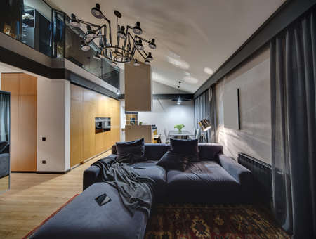Hall in modern style with glowing lamps and parquet with red carpet on the floor. There is blue sofa with pillows, kitchen island, table with chairs, mirror. Higher there is cloakroom and chandelier.の写真素材