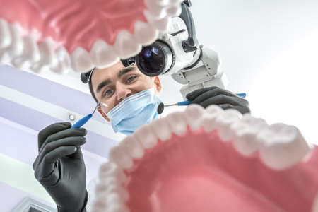 Cheerful dentist looks through the tooth jaw models. Man holds a dental bur and a mirror. He wears black gloves and a blue medical mask. Dental microscope is next to him. View from the bottom.の写真素材