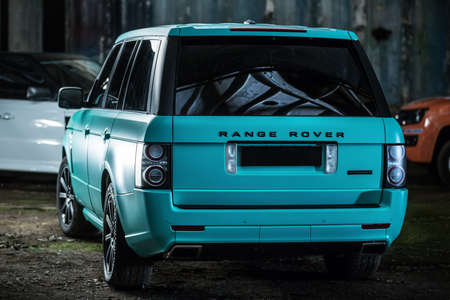 Kiev, Ukraine - 14 May 2014: Range Rover Freelander tuning sport-car. It colored in turquoise color. Editorial photo. Shoot from the back.のeditorial素材