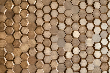 Wooden wall textured with a lot of the hexagons. Indoors. Horizontal.の写真素材