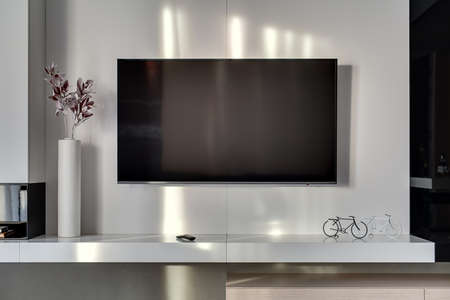 Big TV on the white wall in the room in a modern style. Under it there is a white rack with a flower in a vase, TV remote, decorations in a form of the bicycles. Closeup. Horizontal.の写真素材