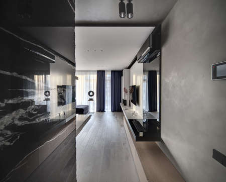 Modern room with concrete, marble and white walls. There are wooden lockers, a black niche with books, white rack with flower and decorations, TV, fireplace, conditioner, sofa. Horizontal.の写真素材