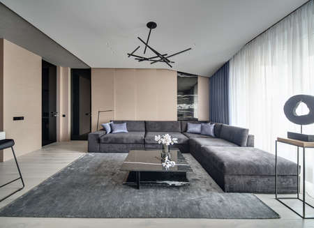 Hall in a modern style with wooden walls with a marble part. There is a gray sofa, black marble table with flowers, gray carpet, large window with curtains, doors, wooden stand with decorative figure.の写真素材