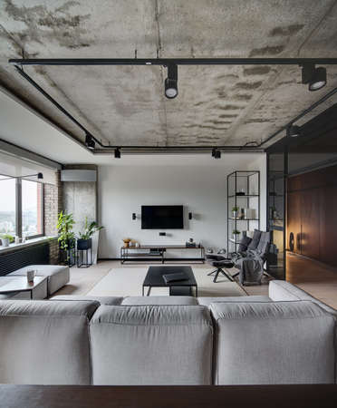 Loft style sitting-room with white, brick and concrete walls. There is sofa, tables, chair, armchair, shelves, speakers, TV and rack under it, lamps. On the floor there is a parquet and carpet.の写真素材