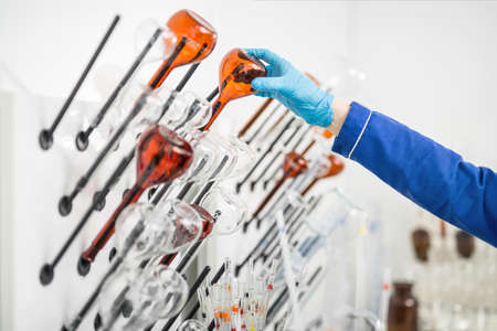 Glass beakers in labの写真素材