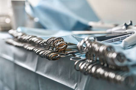 Surgical forceps on tableの写真素材