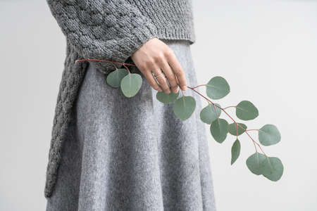 Horizontal photo of a girl in a gray knitted pullover and a skirt on the light gray background in the studio. She holds an eucalyptus branch in the right hand. Closeup.の写真素材