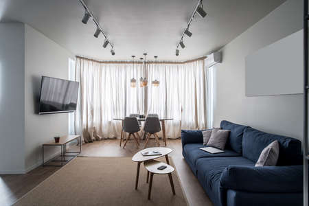 Trendy modern interior with white walls and a parquet with a carpet on the floor. There is a blue...