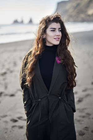 Girl posing on beachの写真素材