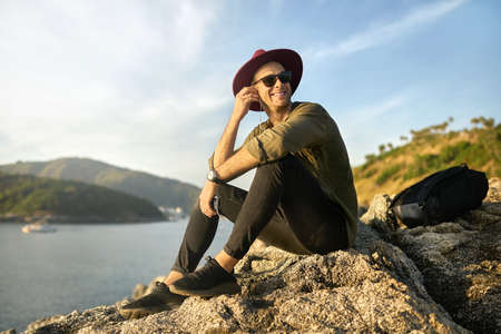 Traveler relaxing outdoorsの写真素材