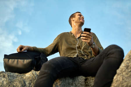 Tourist relaxing outdoorsの写真素材