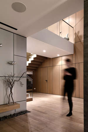 Nice modern interior with wooden walls and a stair with wooden rungs and a glass railing. There are luminous lamps, white wall decorated with chrome birds, wooden rack with glass vase with plants.の写真素材
