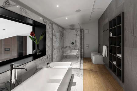 Trendy modern bathroom with white and tiled walls. There is a large white bath with chrome faucet, window with flower in vase, dark shelves, glass shower cabin, toilet, bidet, luminous lamps.の写真素材