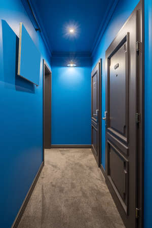 Colorful corridor in a hotel with blue walls and a beige carpet on the floor. There are two brown entrance doors to the rooms, luminous lamps. Vertical.の写真素材