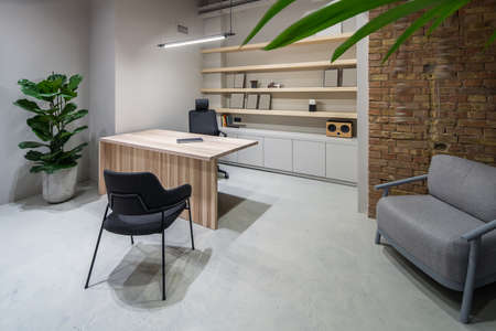 Room in an office in a loft style with gray and brick walls. There is a wooden table, black chairs, green plant in a big pot, light armchair, hanging luminous lamp, wooden shelves, lockers. Horizontal.の写真素材