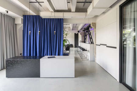 Business interior in a loft style with gray walls and concrete columns. There is a textured black-white reception desk, multicolor curtains, conference hall with chairs and sofa and a bar, glass door.の写真素材
