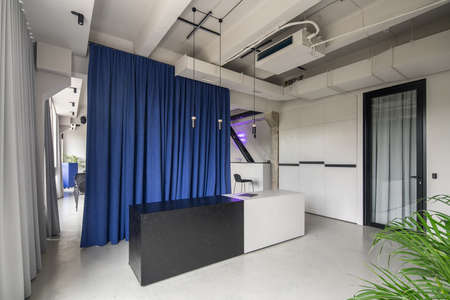 Trendy office in a loft style with gray walls and a glossy floor. There is a dark-light textured reception desk with a laptop, chairs, bar, multicolor curtains,hanging lamps, green plants, glass door.の写真素材