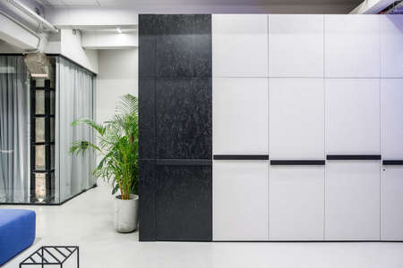 Office in a loft style with luminous lamps and gray walls. There are textured dark and light lockers with doors, glass partitions with curtains, blue sofa, small stand, green plants in the big pots.の写真素材