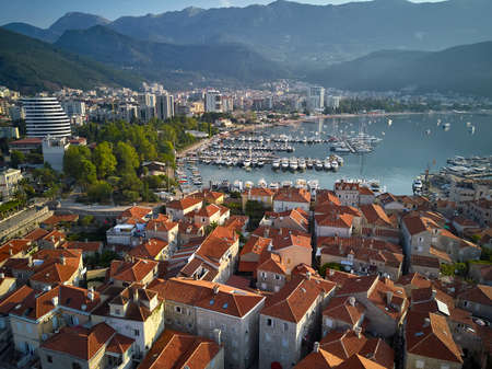 View at sea bay and town of Budva in Montenegroの写真素材