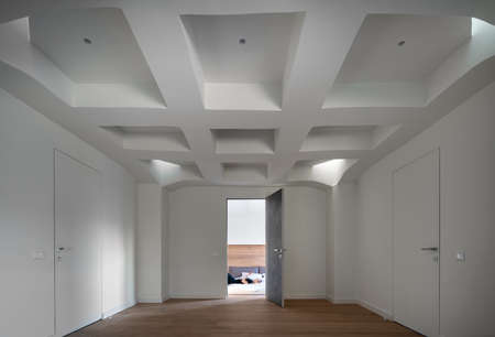 Stylish interior in modern style with design white false ceilingの写真素材