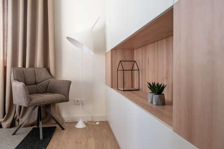 Stylish modern interior with white walls and parquetの写真素材