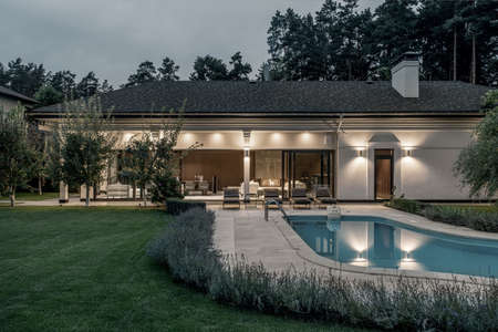 Luminous villa with swimming pool and large lawnの写真素材