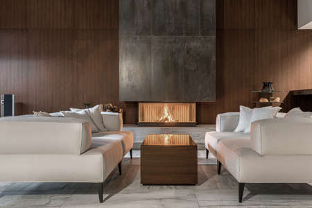 Modern interior with wooden wall and burning fireplaceの写真素材