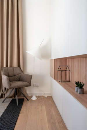 Stylish modern interior with white walls and parquetの写真素材
