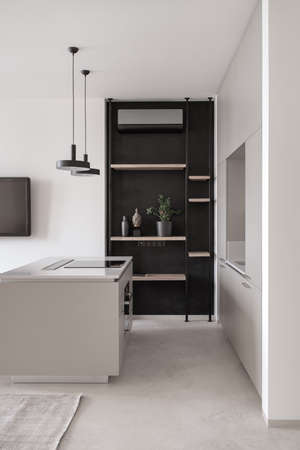 Kitchen in modern style with light walls and gray floorの写真素材