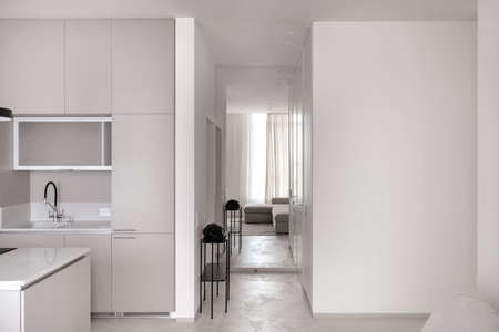 Kitchen in modern style with light walls and gray floorの写真素材