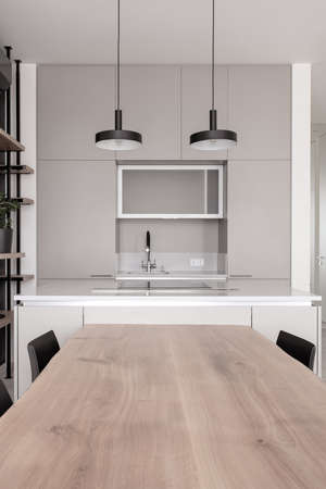 Stylish kitchen in modern style with light wallsの写真素材