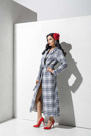 Brunette model in stylish coat and accessories posing in studioの写真素材