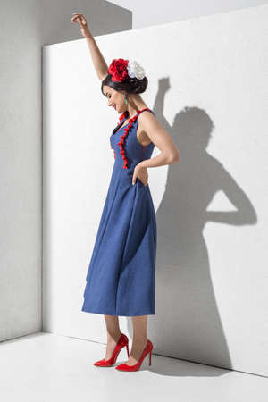 Brunette model in colorful dress and accessories posing in studioの写真素材