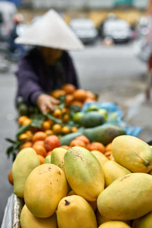 Tropical exotic fruit on asian street market in Vietnamの写真素材
