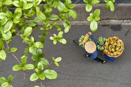 Person in asian bamboo hat walking with bananas on bike outdoorsの写真素材