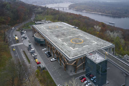 Aerial view at business building with helipadsの写真素材