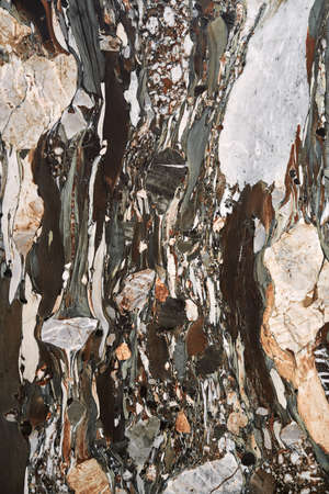 Textured stone surface with multicolored patterns. Closeup vertical photo.