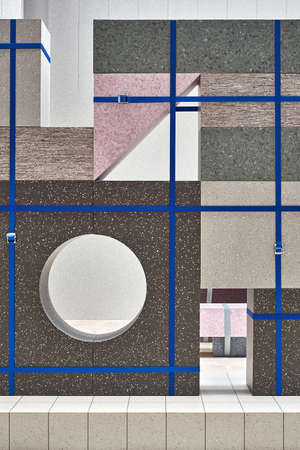 Textured multicolored stone geometrical blocks which wrapped with the blue tape on the tiled floor...