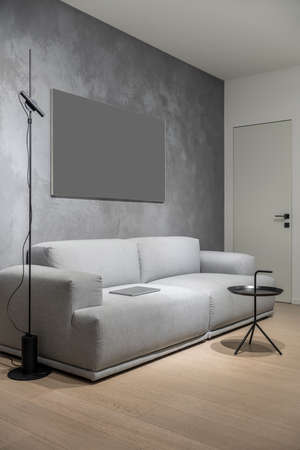 Luminous modern interior with different walls and a parquet floor. There is a gray sofa with a laptop, fancy round metal black stand and a floor lamp, door. Vertical.の写真素材