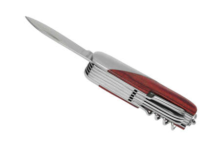Multifunctional pocket knife with wooden handle isolated