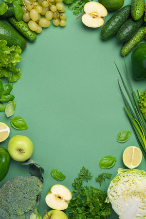 Green culinary background with fresh green vegetables and herbs. Healthy food, vegetarianismの写真素材