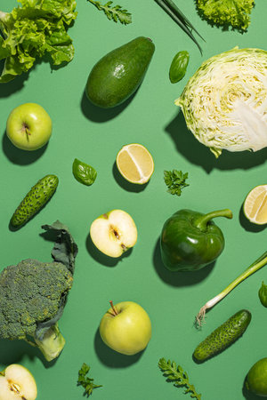 Green culinary background with fresh green vegetables and herbs. Healthy food, vegetarianismの写真素材