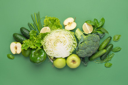 Green culinary background with fresh green vegetables and herbs. Healthy food, vegetarianismの写真素材