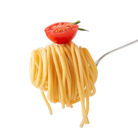 spaghetti with tomato on a gray steel fork on a white backgroundの写真素材